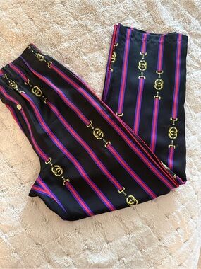 Gucci Garden 100% silk Black Striped Elastic-Waist Satin Pants Stripes xs